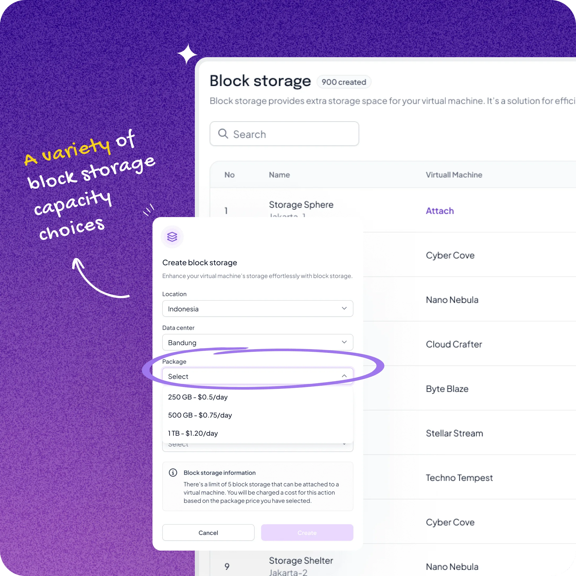 Ifvirty UI Design - Block Storage Capacity  Choices